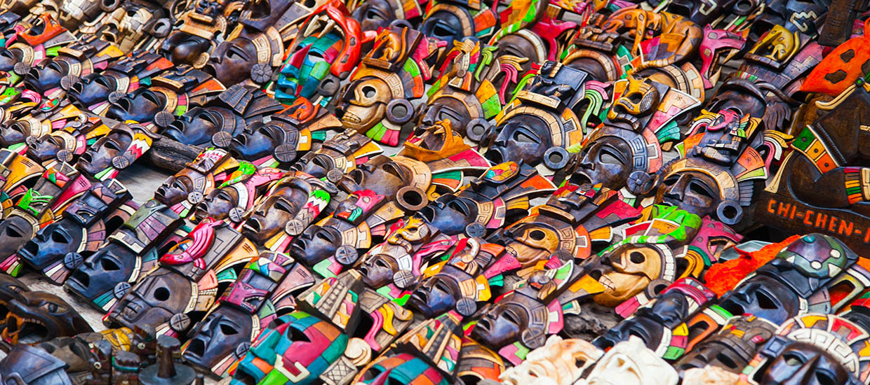 A stock photo of Mayan masks from Chichen Itza, Mexico.