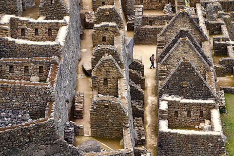 An aerial photo of ruins at Machu Picchu in Peru.
